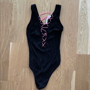 Black Bodysuit with Pink Lace-Up Detail